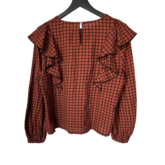 MADEWELL• Long Sleeve Rust plaid ruffle top - Picture 2 of 7